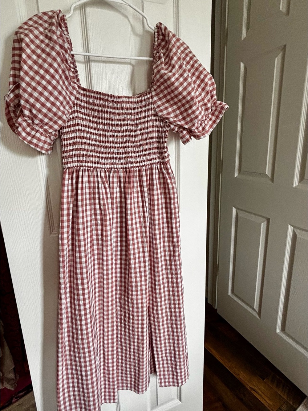 Mauve Gingham Smocked Dress with Puff Sleeves